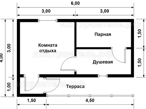 КБ-09 - каркасная баня 6х4 - планировка 1 этажа